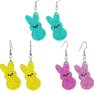 Glitter Bunny Earrings Set in Yellow, Pink, and Blue Easter Peep